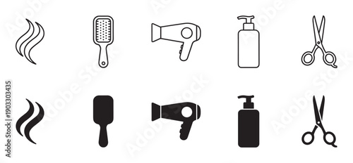 Hair salon and barbershop icon set with a brush, dryer, scissors, and shampoo bottle, presented in two distinct styles, a simple black outline and a solid silhouette