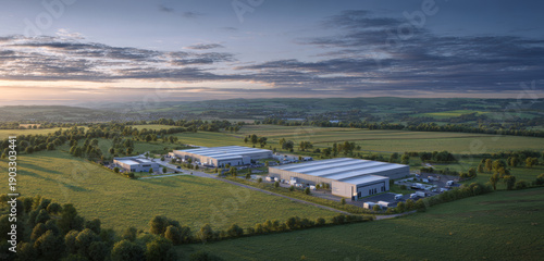 Modern industrial warehouse complex surrounded by lush green fields under a cloudy sky