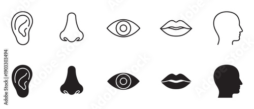 Set of black human sense organ icons showing an ear, nose, eye, mouth, and head profile in two styles, a thin line art outline and a solid filled silhouette