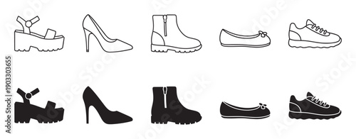 Collection of women's shoe icons in two styles, line art and solid black silhouette, showing various footwear like sandals, heels, boots, flats, and sneakers