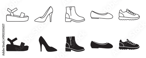 Collection of women's shoes icons in two styles, line art and solid silhouette, featuring sandals, high heels, boots, flats, and sneakers for fashion and retail design