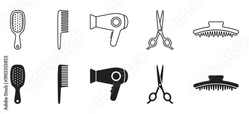 Set of black hairdresser tool icons including a brush, comb, dryer, scissors, and hair clip, presented in two minimalist graphic styles: a simple line art and a solid silhouette