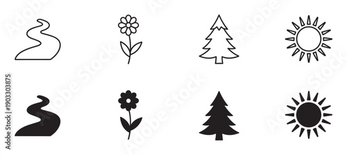 Set of eight black nature icons depicting a river, flower, pine tree, and sun in both minimalist outline and solid silhouette styles for graphic design elements