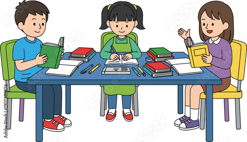 Diverse Group of Students Studying Together at a Desk with Books and School Supplies for Educational Materials, Classroom Posters, and Learning Activity Illustrations