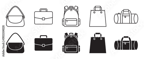 Collection of black bag icons in outline and solid glyph styles showing a handbag, briefcase, backpack, shopping tote, and sports duffel for various travel and retail concepts