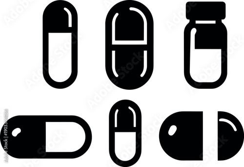 Set of medical icons including a pill and capsule bottle symbol in a flat vector illustration design for mobile phone technology applications