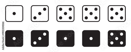 Set of minimalist dice face icons from one to five presented in two graphic styles, a simple black outline and a solid inverted black and white version for gaming concepts