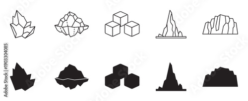 Set of ten black geological icons showing crystals, mountains, and icebergs in two styles, a simple thin line outline and a solid filled silhouette for graphic design