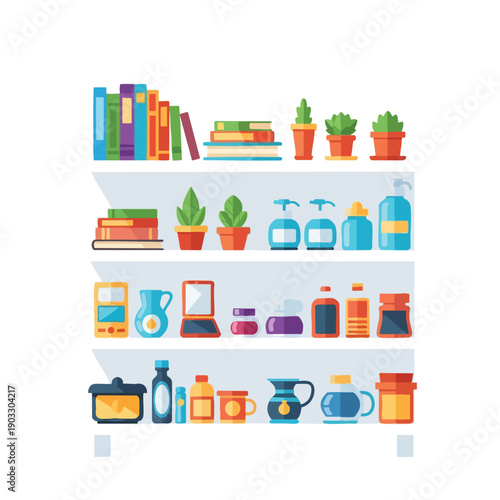 Organized Storage Shelves with Household Items