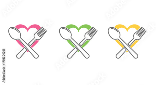 A collection of three simple line art icons featuring a crossed spoon and fork superimposed over colorful heart shapes representing food love.