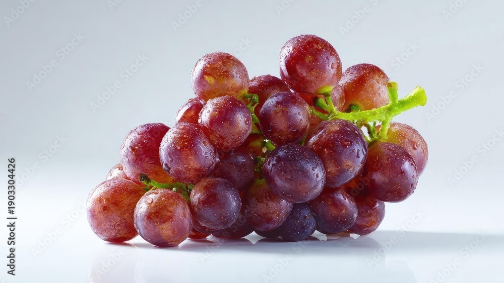 Fototapeta premium A cluster of red grapes with water droplets on a reflective surface. Concept Red Grapes, Water Droplets, Reflective Surface, Close-Up, Studio Still Life