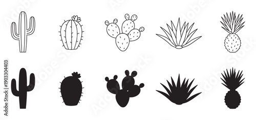 Set of black cactus and succulent icons in outline and silhouette styles, featuring various desert plants like saguaro, prickly pear, and agave in a minimalist graphic design