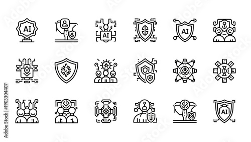 Technology icons with shields and gears.