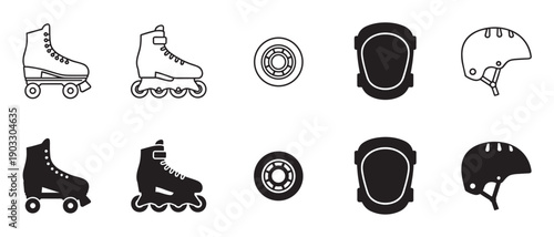 Black roller skating equipment icon set with quad skates, inline skates, helmet, and protective pads in both line art and solid silhouette graphic styles