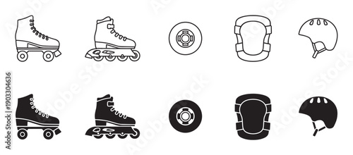 Black roller skating equipment icon set showing quad skates, inline skates, a helmet, and protective pads in both minimalist outline and solid glyph styles for sports concepts