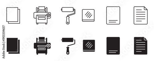 Collection of black printing and document icons presented in two distinct styles, featuring minimalist line art and solid glyph versions of a printer, paper, and paint roller