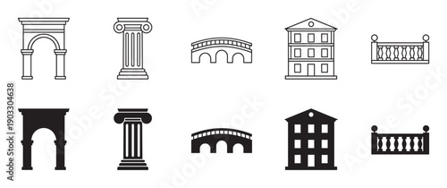 Set of black architectural element icons showing a classic arch, column, bridge, building, and balustrade in both outline and solid silhouette styles