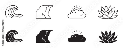 Set of black nature icons featuring a wave, rock, sun, cloud, and lotus flower, presented in both minimalist line art and solid glyph styles for graphic design elements