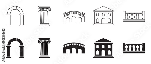 Collection of black architectural element icons in outline and solid silhouette styles, including a classical arch, ionic column, bridge, building, and balustrade