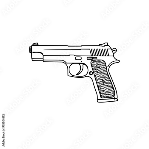 Minimalist handgun line art illustration in clean black and white, depicting a simple firearm design often used for security or collectible concepts