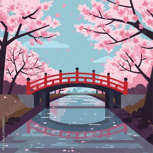 Traditional red Japanese bridge over a river with blooming cherry blossom trees. Spring landscape vector illustration.