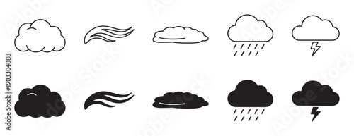 Set of black weather forecast icons showing clouds, wind, rain, and thunderstorms in both outline and solid silhouette styles for meteorological applications