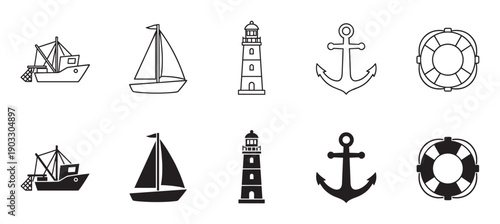 Set of black nautical icons with a fishing boat, sailboat, lighthouse, anchor, and lifebuoy, shown in two distinct graphic styles of simple line art and solid silhouette
