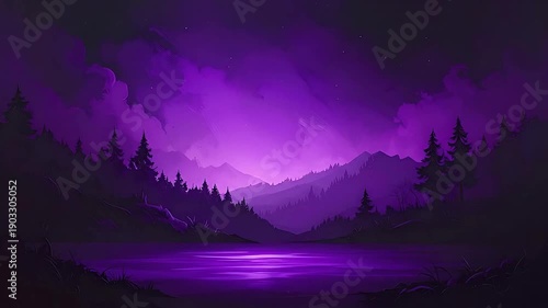A tranquil lake reflects the vibrant purple sky, surrounded by silhouetted mountains and evergreen trees in