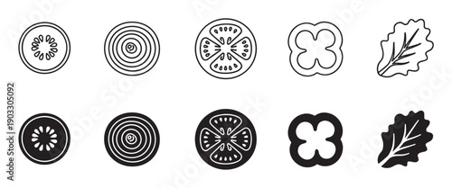 Set of black vegetable icons showing sliced tomato, onion, cucumber, pepper, and lettuce leaf presented in both a simple outline and a solid filled glyph style