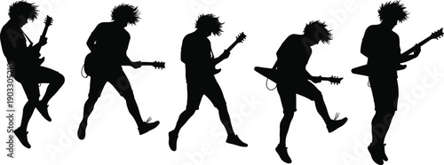  Dynamic rock star silhouettes playing electric guitars, captured in energetic and jumping poses, perfect for illustrating live music, concerts, and passionate performances, isolated on white
