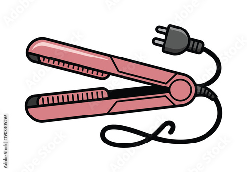 A simple cartoon illustration of a pink hair straightener with a black power cord and plug on a white background.