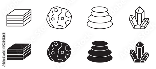 Set of black minimalist icons showing a layered block, a meteorite, zen stones, and crystals in both outline and glyph styles for graphic design elements