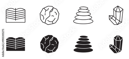 Collection of minimalist geology icons featuring crystals, stacked zen stones, mineral rocks, and earth strata, presented in both outline and solid glyph vector styles