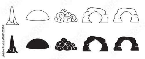 Set of black rock formation icons including a spire, dome, pile of stones, and natural arches in both outline and solid silhouette styles for graphic design