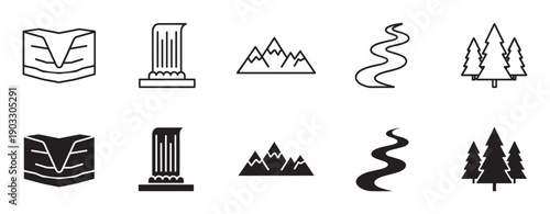 Versatile set of black landscape icons in both line art and solid silhouette styles, illustrating natural elements like a canyon, waterfall, mountain, river, and forest