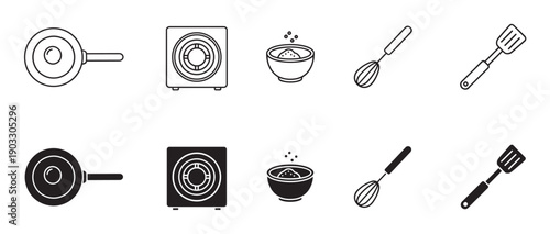 Collection of black cooking icons showing a frying pan, stove, bowl, whisk, and spatula in both line art and solid silhouette styles for culinary design elements