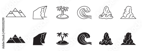 Collection of black nature landscape icons showing mountains, cliffs, a tropical island, and ocean waves in both line art and solid glyph styles for graphic design