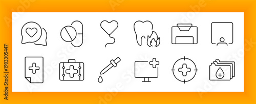 Health and diagnostics set icon. Includes chat bubble, capsule, heart, burning tooth, dropper, monitor, crosshair, document, user frame, and first aid briefcase symbols.