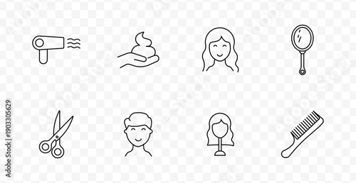 Hair styling set icon. Line icons showing hair dryer, cream in hand, female face, mirror, scissors, male face, wig stand, and comb