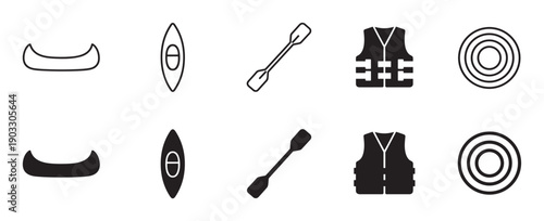 Canoeing and kayaking equipment icon set featuring a boat, paddle, life vest, and buoy in both black solid silhouette and simple line art vector graphic styles