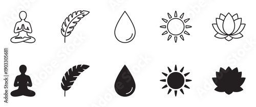 Set of black yoga and meditation icons in outline and silhouette styles featuring a person in lotus pose, feather, water drop, sun, and lotus flower for wellness concepts
