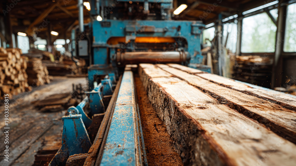Fototapeta premium Sawmill debarking machine prepares unprocessed logs in a woodworking shop, showcasing a blend of technology and nature's raw beauty with warm studio lighting