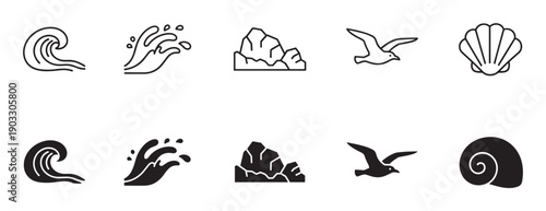 Set of black sea-themed icons in two distinct styles, featuring minimalist line art and solid glyph silhouettes of a wave, splash, rock, bird, and seashell elements