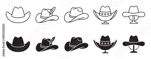 Set of ten black cowboy hat icons showing various western headwear designs in minimalist line art and solid silhouette styles for graphic design