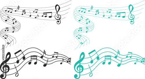 Music staff wave icon set collection with treble clef melody symbols, pixel notes, abstract sound lines, musical composition elements isolated on white background vector.