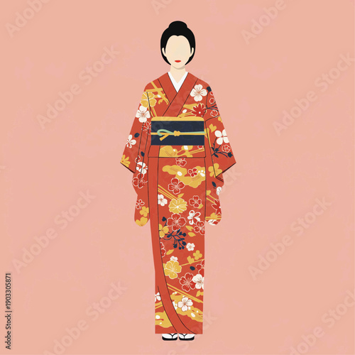 Japanese woman wearing a traditional red kimono with floral patterns. Female character vector illustration.