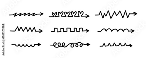 Set of hand drawn decorative arrows with various geometric patterns. Creative wavy, zigzag, and curly pointers for infographics, journals, and playful designs. Isolated on white.