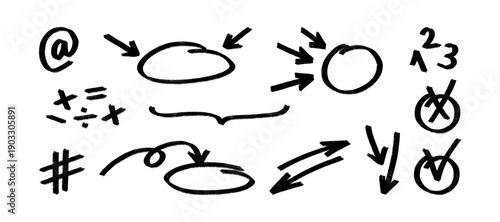 Hand drawn textured charcoal marks and symbols. Set of arrows, circles, math signs, and numbers in chalk style for education and planning design. Grade exam marks chalk crayon drawing set.