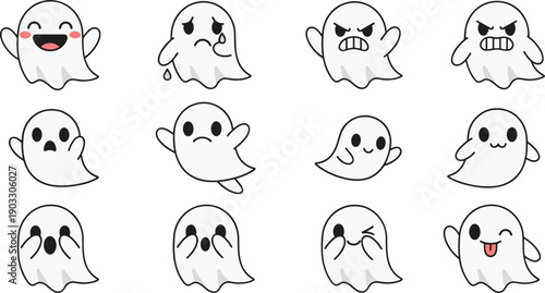 Cute ghost emoji expressions set, funny halloween cartoon spirits, adorable spooky white ghost characters collection for stickers icons design use