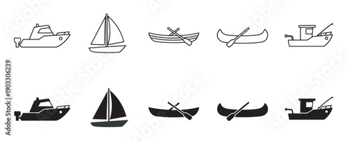 Collection of boat and ship icons in minimalist outline and solid silhouette styles, featuring a sailboat, motorboat, canoe, rowboat, and fishing trawler for graphic design